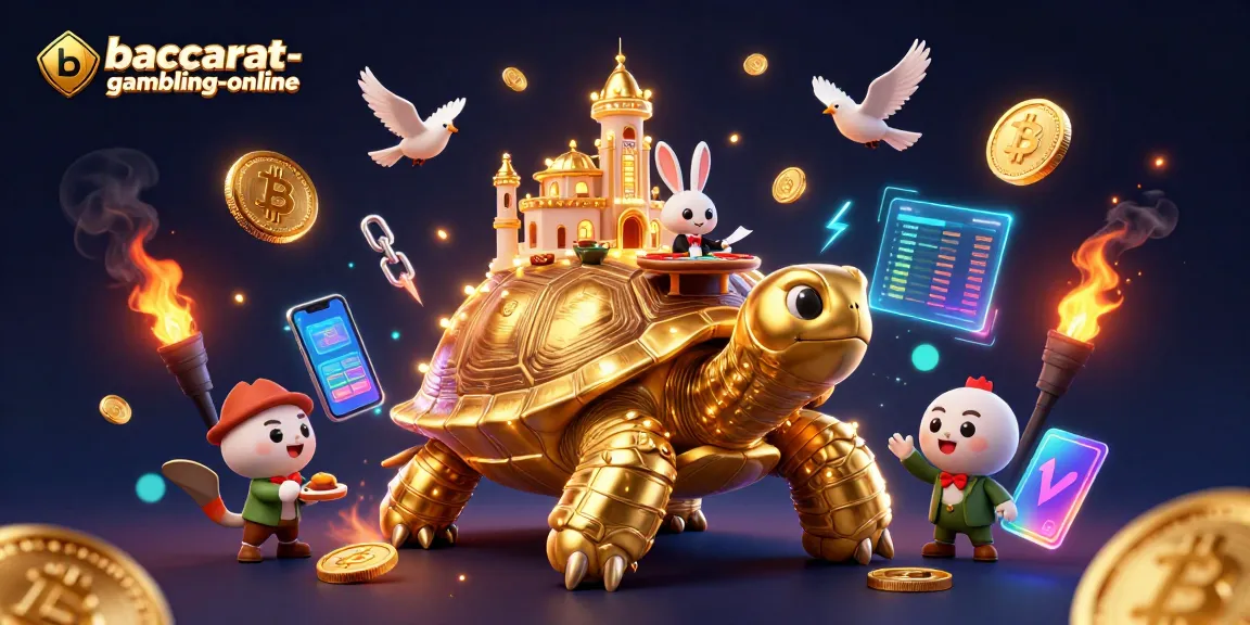 Engage in baccarat-gambling-online with a vibrant 3D cartoon scene featuring golden tortoise and rabbit dealer.
