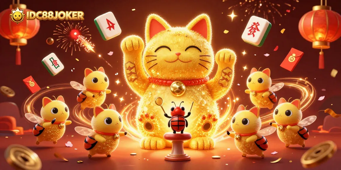 Capture the excitement of IDC88JOKER with a dazzling illustration of a lucky cat and golden fireflies in a vibrant casino setting.