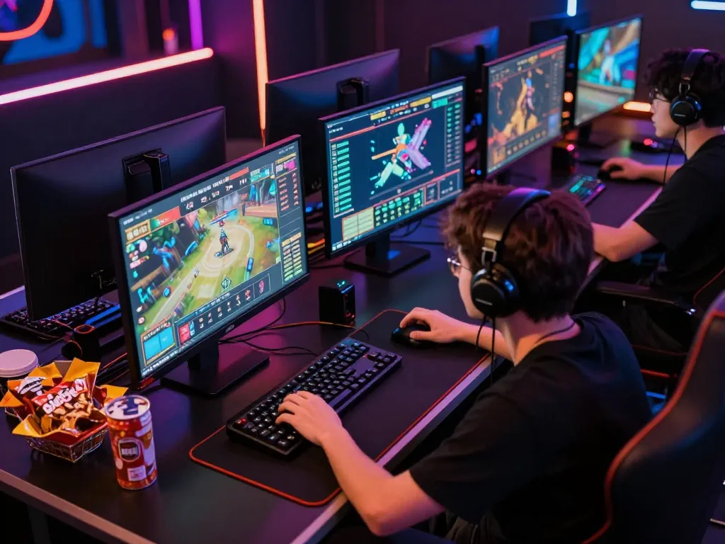 Gamer analyzing odds on multiple screens while using Bongdallu for esports betting trends.