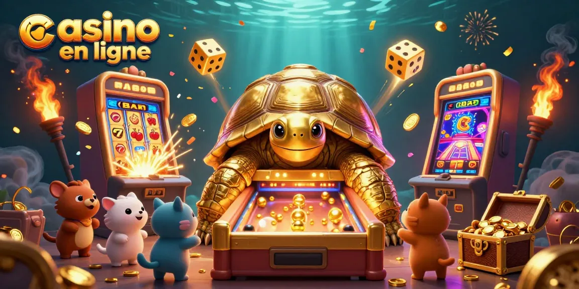 Rejoignez le casino en ligne avec une tortue d'or géante jouant au flipper.