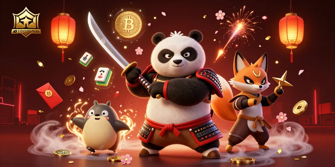 Illustration dynamique de crypto casinos, avec un panda samouraï, un fox ninja et un tanuki spirituel.