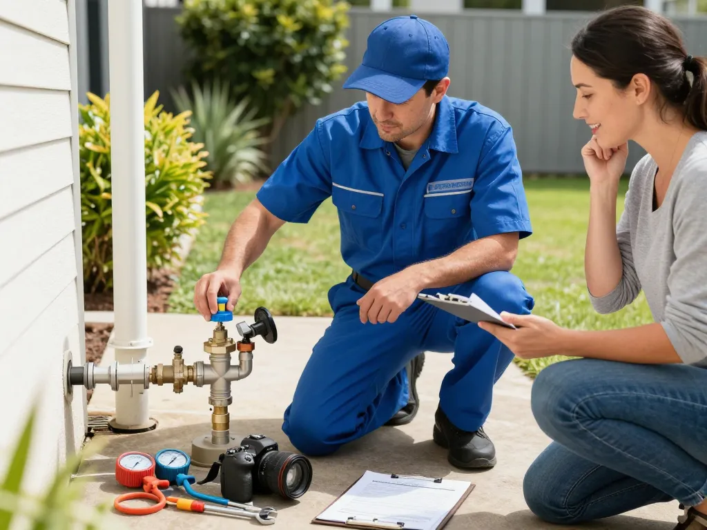 Backflow prevention plumber consulting with homeowner at a residential property in Sydney, ensuring water safety compliance.