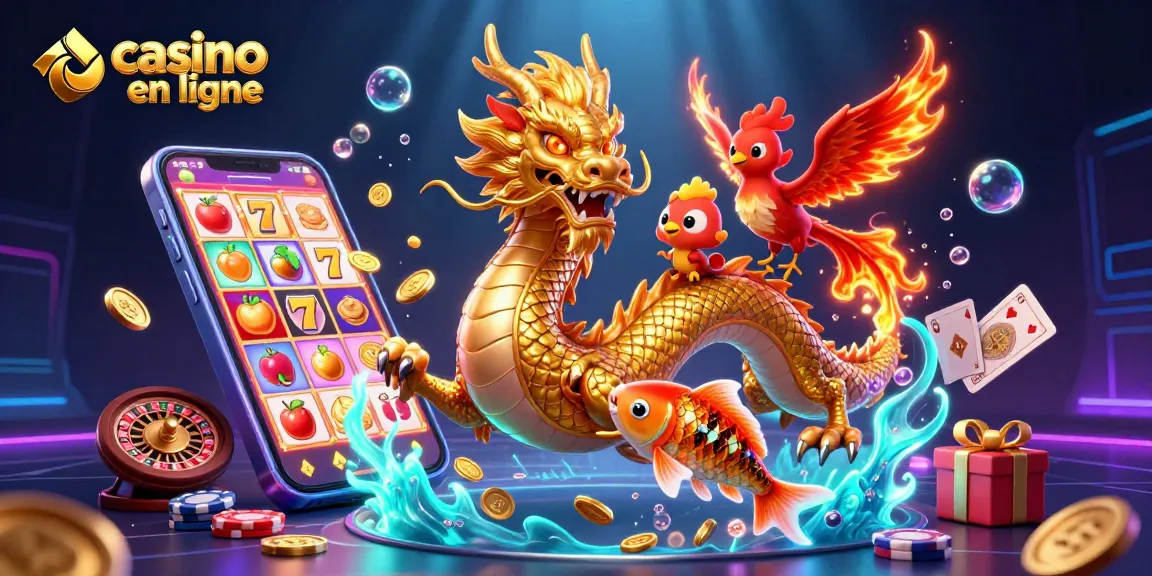 Profitez d'une illustration dynamique de casino en ligne avec un dragon, un phénix et de l'argent.