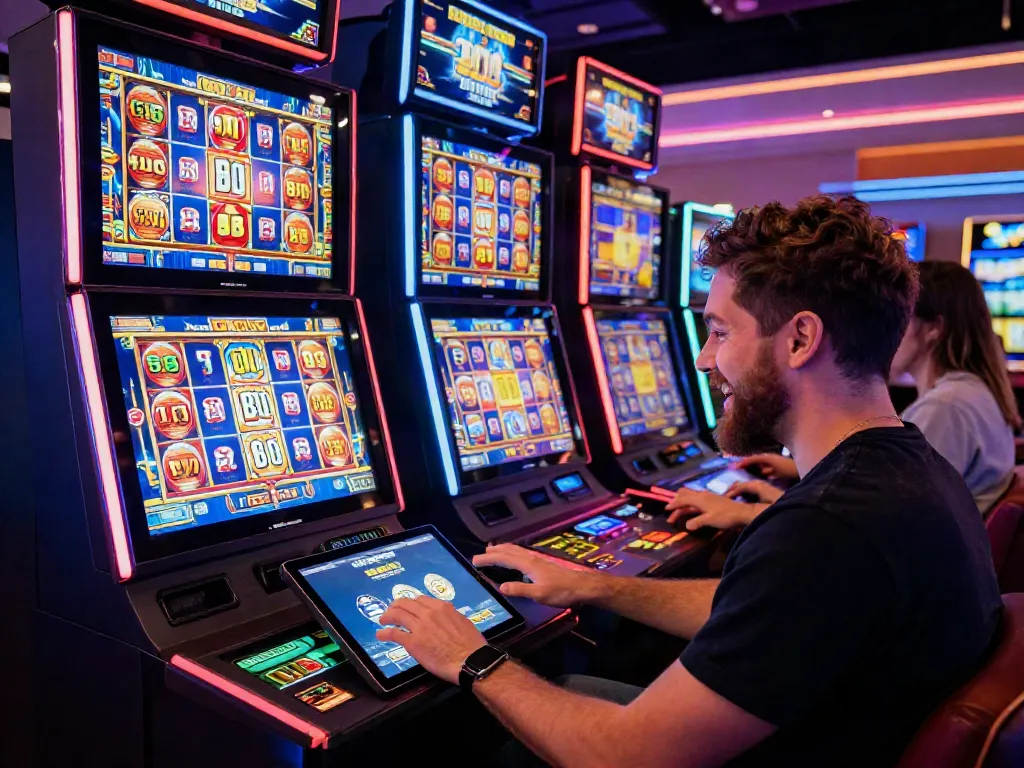 Excited player engaging with a slot game on a tablet, vibrant online casino atmosphere.