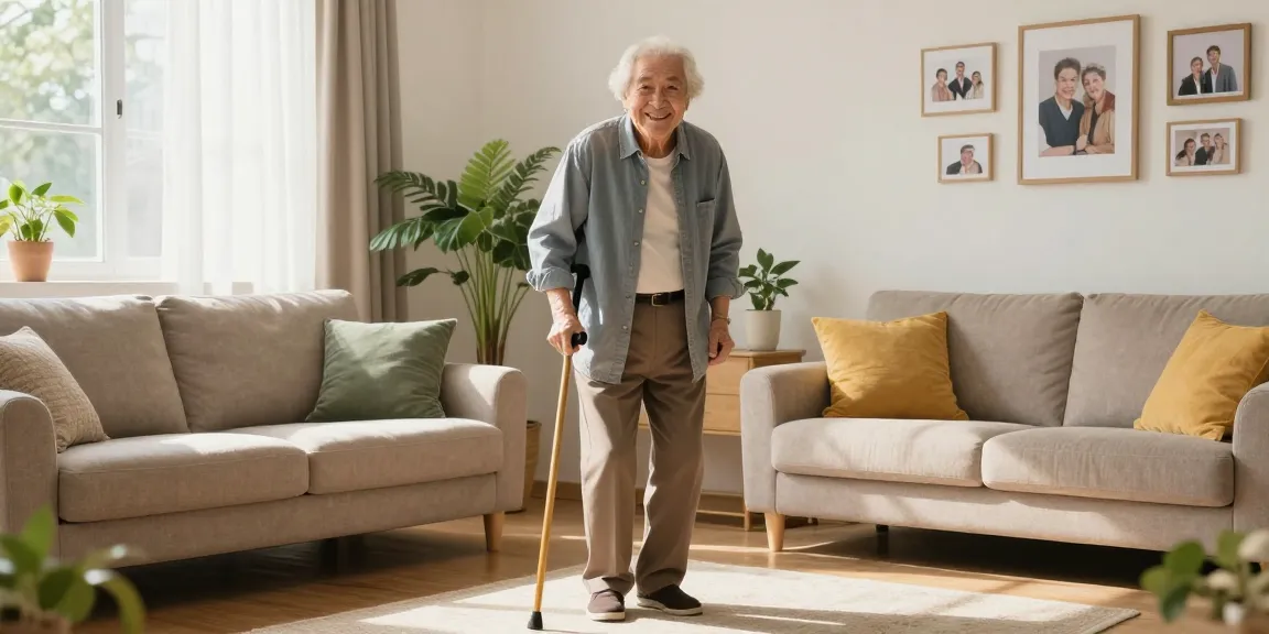 Senior using a 腋下拐杖 in a cozy living room, showcasing independence and comfort.