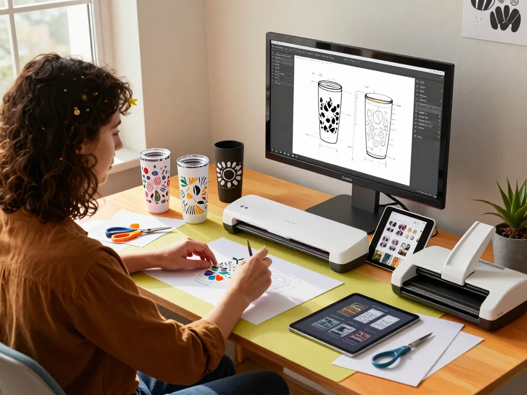 Vibrant designer working on tumbler designs using SVG bundle files for Cricut.