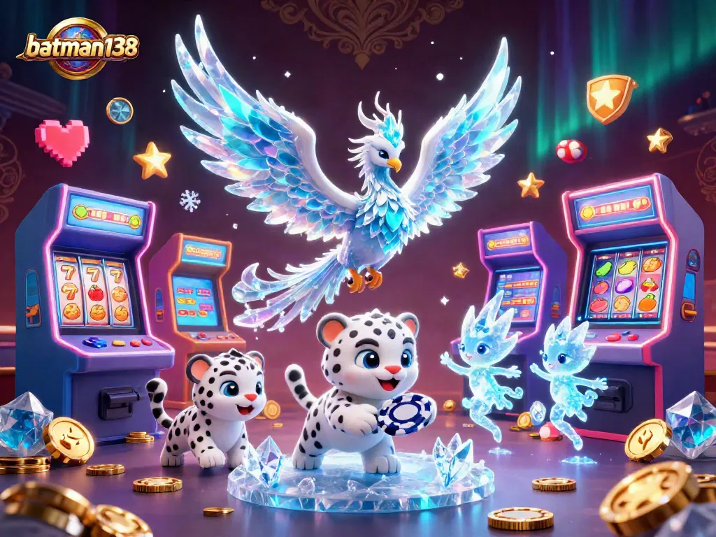 batman138 bermain dengan chip poker es yang dilindungi es, dikelilingi mesin arcade berwarna-warni dalam suasana kasino