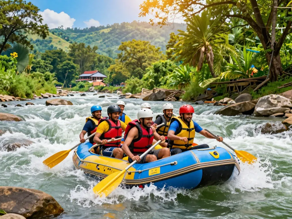 Engaging group of adventurers rafting on the Kali River in Dandeli amidst lush greenery and blue skies, capturing the essence of adventure.