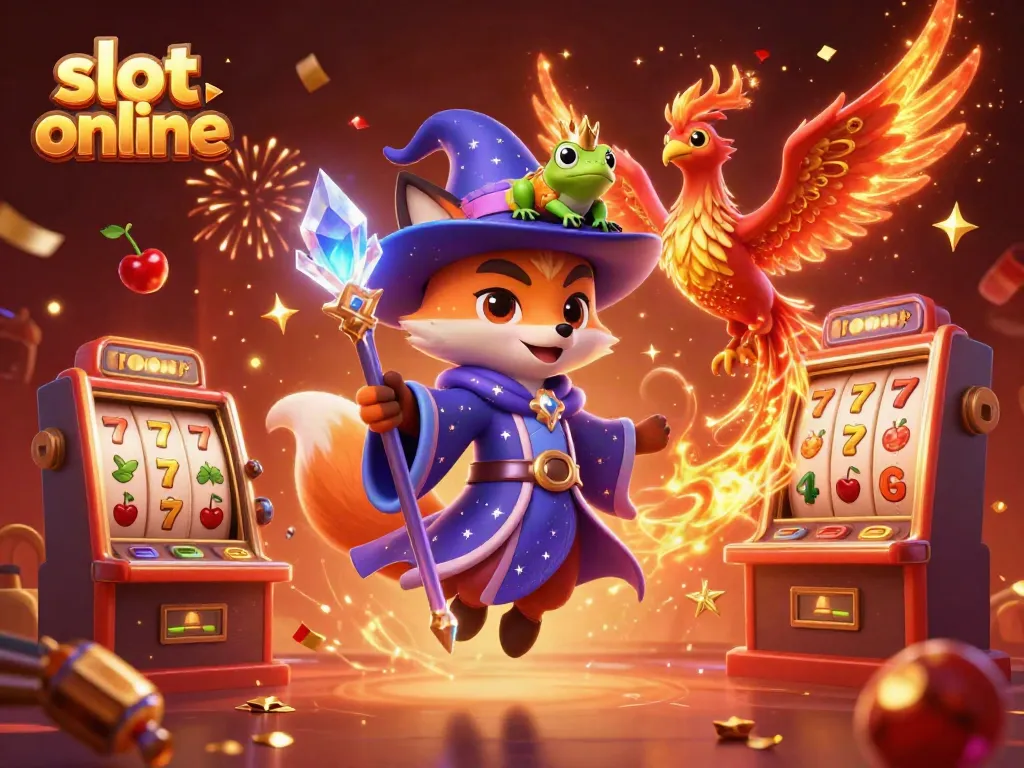 Rasakan keseruan slot online dengan karakter si rubah penyihir dan phoenix dalam ilustrasi 3D penuh warna.