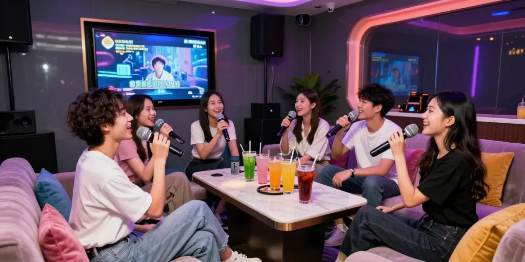 달토에서 친구들과 함께 즐거운 노래를 부르는 모습, 세련된 가라오케 룸과 분위기 있는 조명