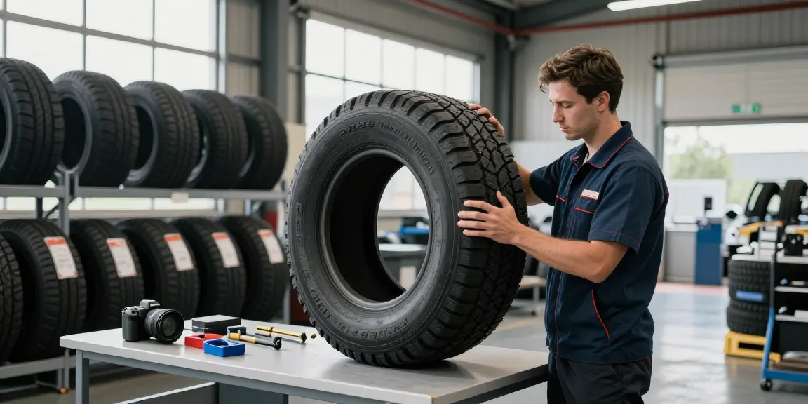 Technician inspecting the RR99 tire in an industrial setting, showcasing product quality and durability.