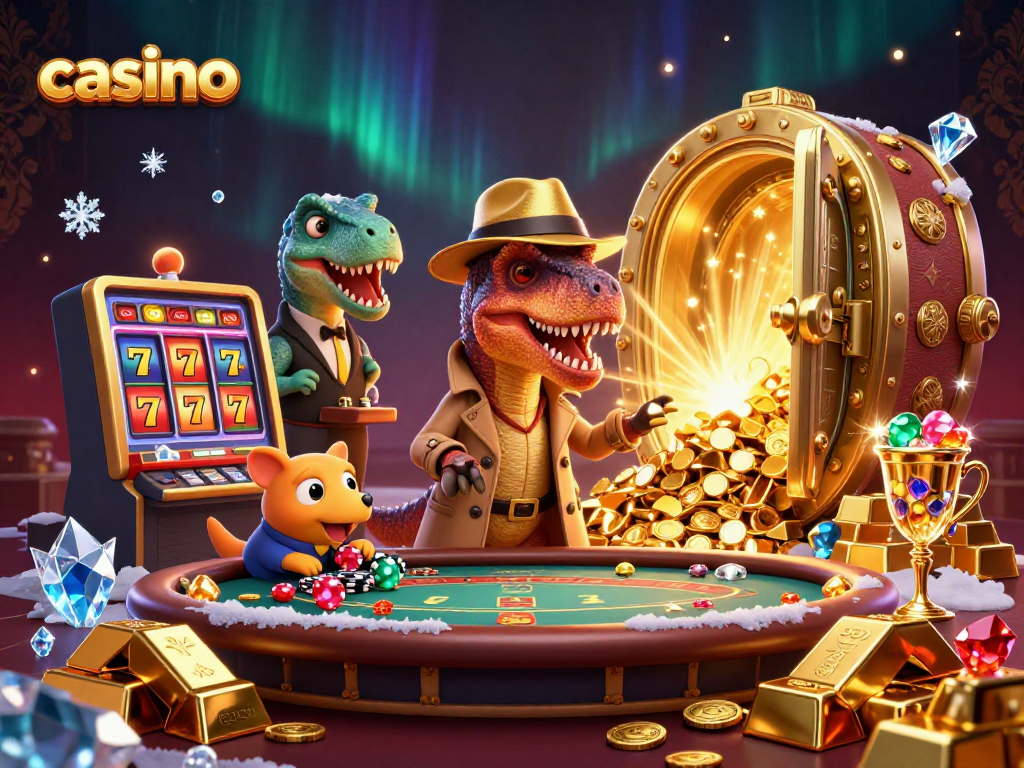 Engaging 3D casino illustration showcasing a velociraptor card counter at a blackjack table.