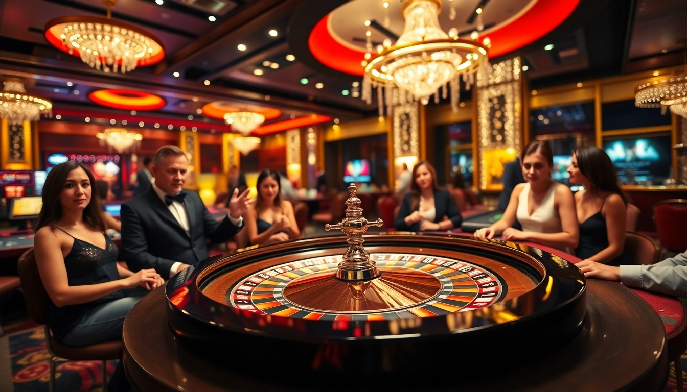 Exciting Non Uk Casino gaming experience with vibrant roulette table and lively players.