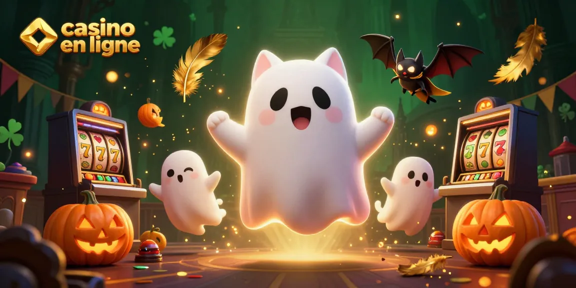 Un chat fantôme flottant dans un casino en ligne, entouré de jack-o-lanterns et de jetons brillants.