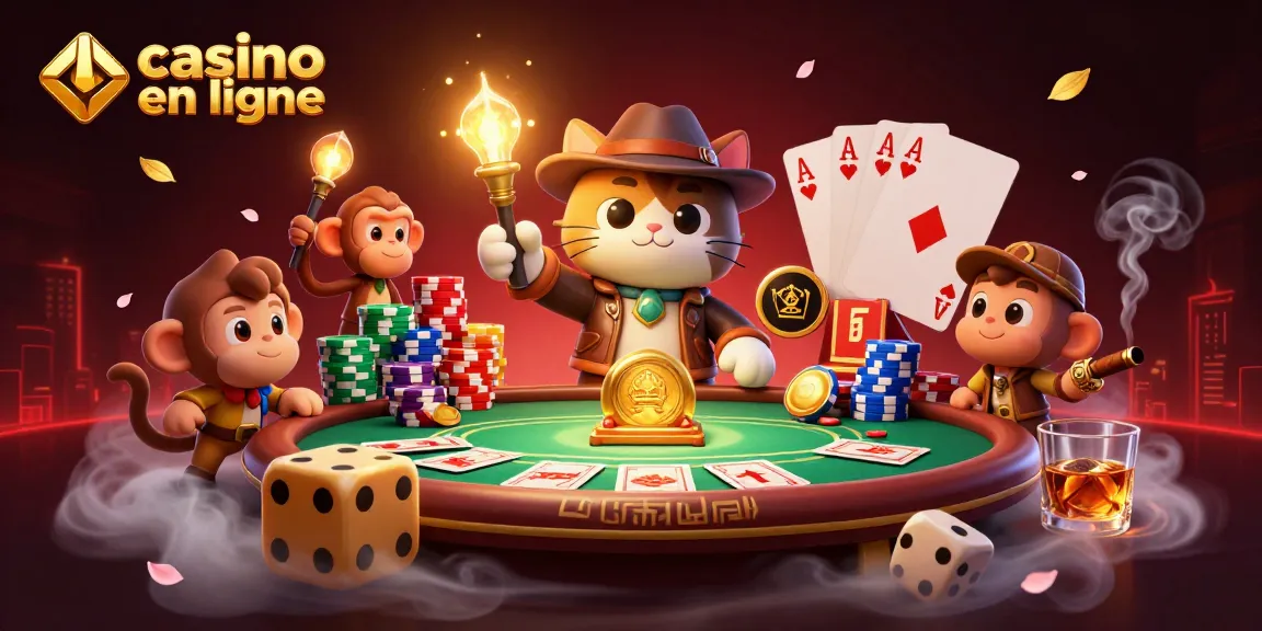 Jouez au casino en ligne avec notre illustration intrigante mettant en avant un chat explorateur et un singe.