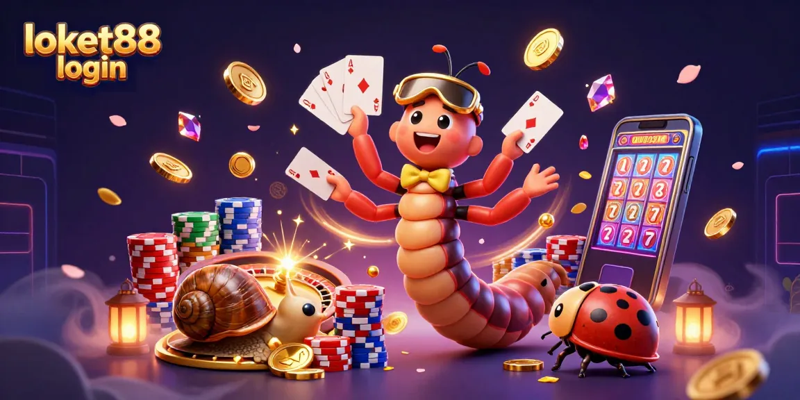 Engage with exciting casino action at loket88 login, showcasing a whimsical 3D millipede dealer and vibrant game elements.