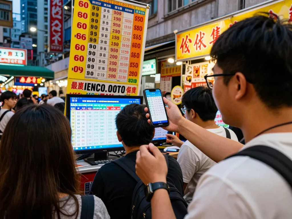 Engaged togel player celebrating a win while checking HK lotto results on a smartphone in a vibrant urban setting.