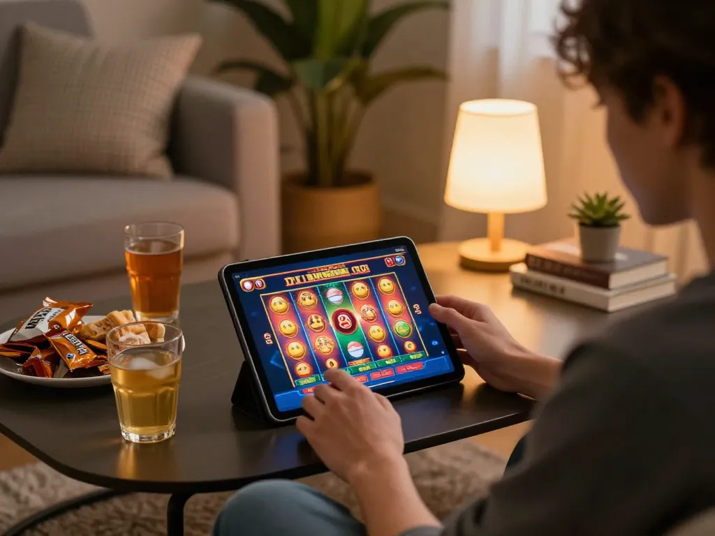 Pemain Bintangmpo menikmati slot di tablet dalam suasana rumah yang nyaman