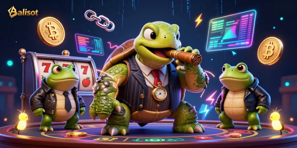 Exciting Balislot casino scene with a cartoon turtle and bullfrog enforcers amidst slot and crypto elements.