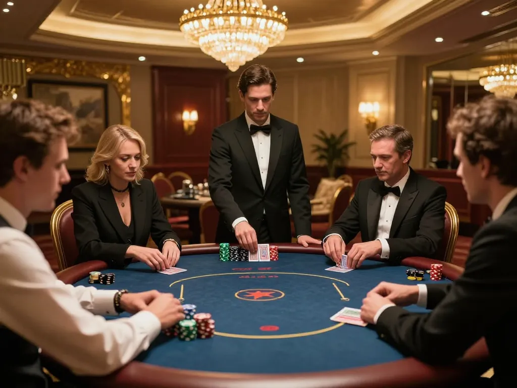 Players strategizing at Sunwin's high-roller poker table in an elegant casino.