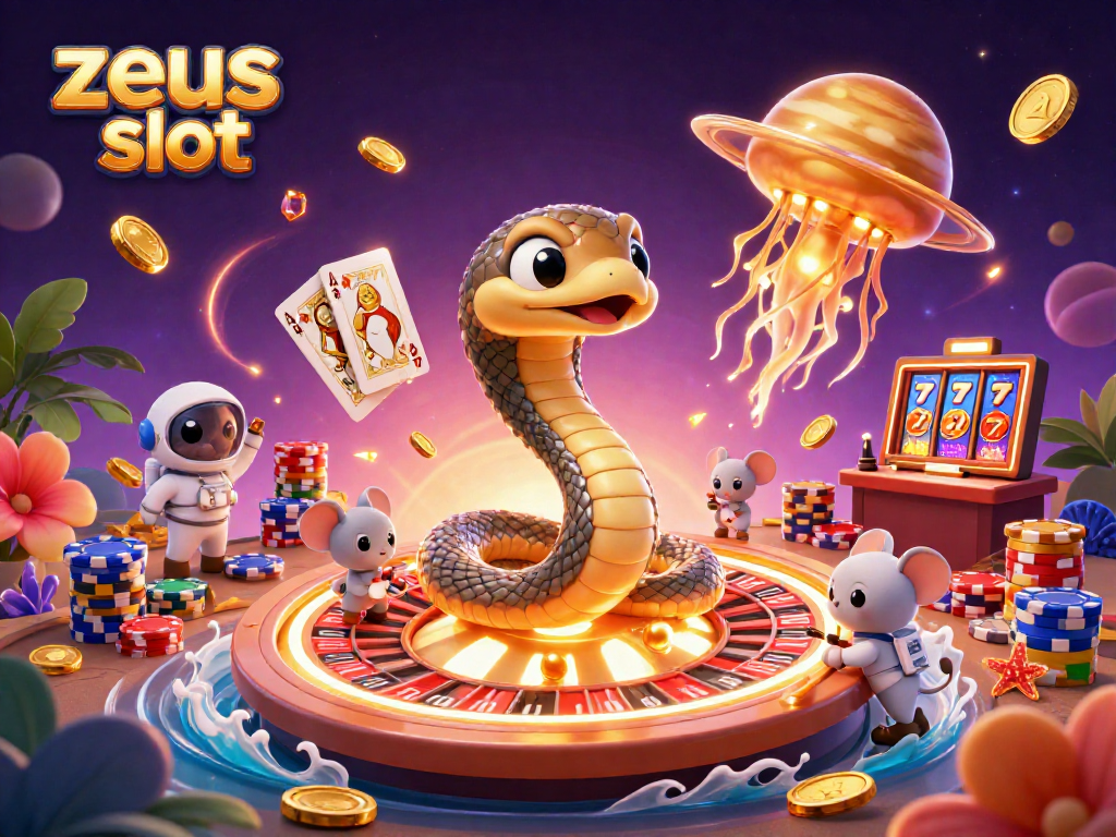 Play zeus slot with vibrant visuals of astronaut mice betting on a cosmic roulette wheel.