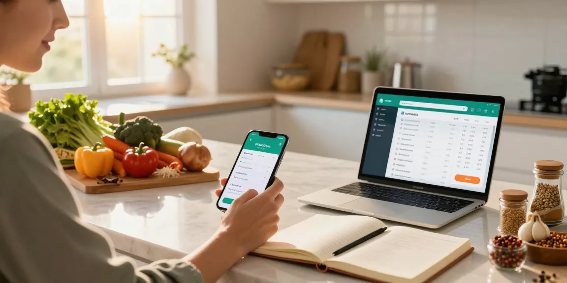 Engaged user logging meals with the best food tracker in a sunlit kitchen, surrounded by healthy ingredients.