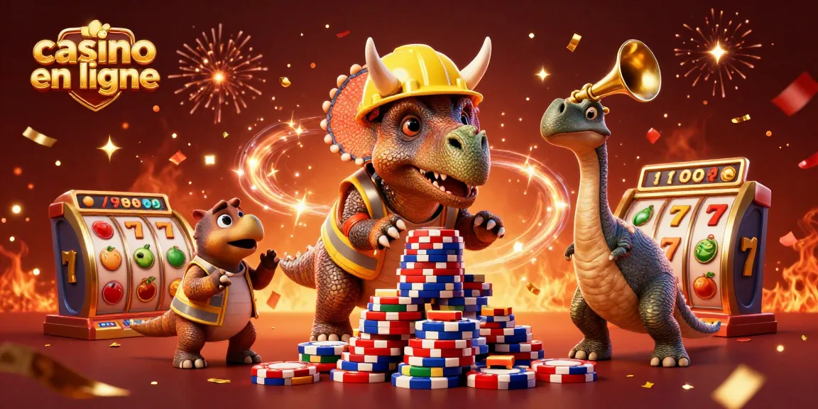 Animation festive avec des triceratops et un parasaurolophus célébrant dans un casino en ligne animé.