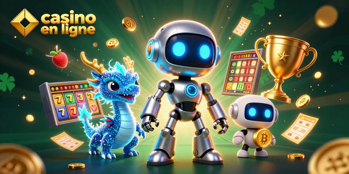 Jouer dans un casino en ligne avec le robot cyberpunk, un dragon IA, et un drone Bitcoin, entouré d'éléments de jeu.