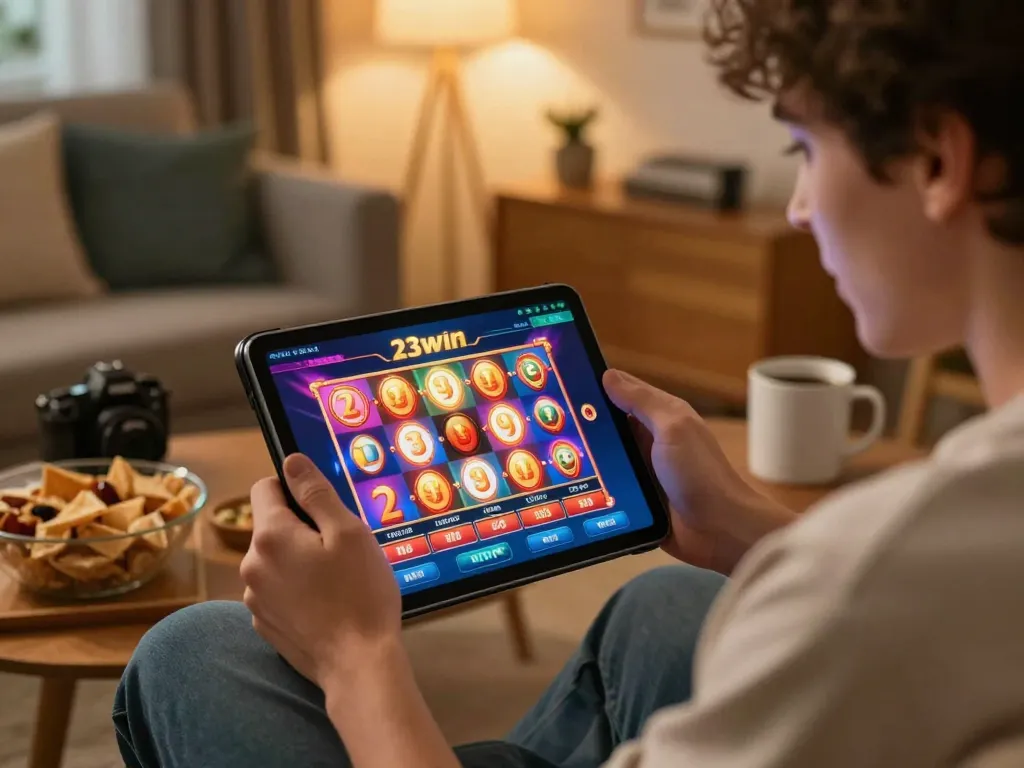 Enjoying 23win's slot games on a tablet in a cozy living room with snacks and excitement.
