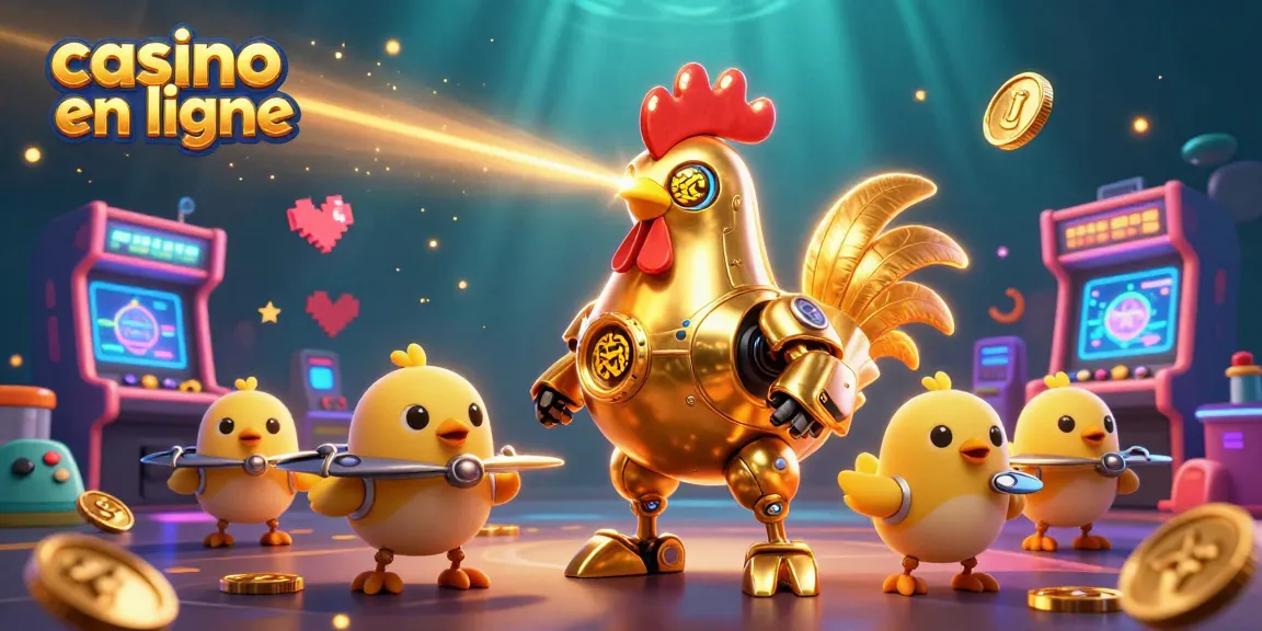 Jouez au casino en ligne avec un robot coq futuriste illuminé et des drones poussins, à l'ambiance ludique.