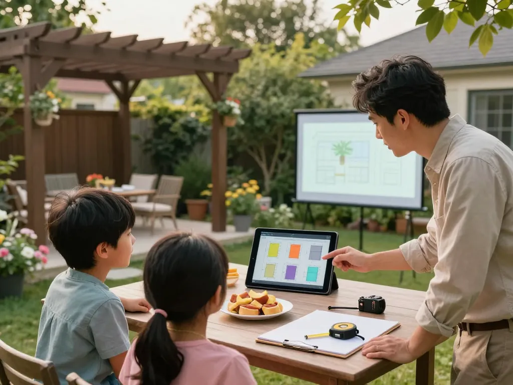 All-in-One pergola Configurator user-friendly session with designer and family in a vibrant garden setting.