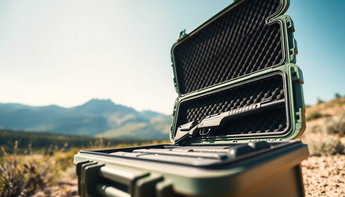 Shop pelican gun case for sale showing its organized interior and sturdy design in a natural setting.