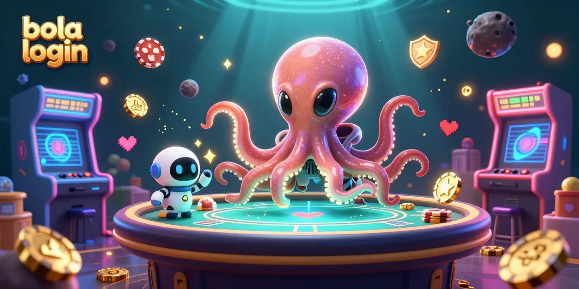 Engage with the exciting bola login scene featuring a vibrant alien octopus at a floating poker table.