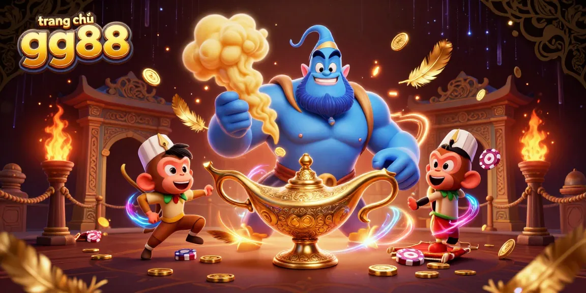 Engage with the vibrant world of trang chủ gg88 featuring a genie, monkey, and poker chips.
