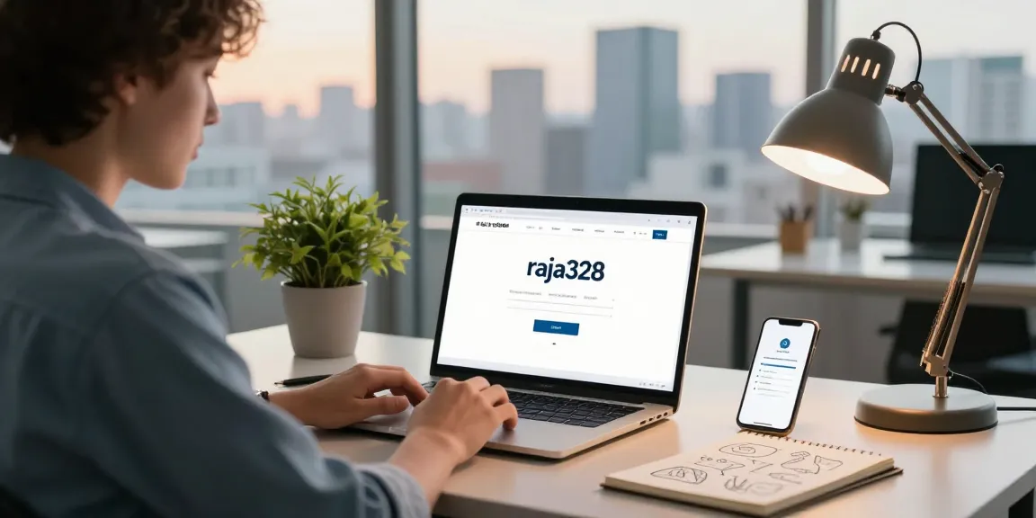 User engaged with raja328 login process on a laptop in a modern office.