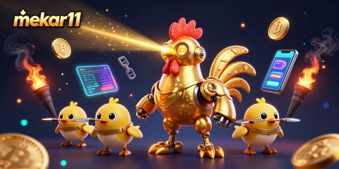 Engage with mekar11's casino scene featuring a golden rooster robot and crypto elements.