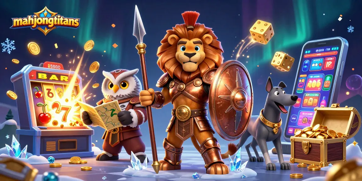 Engage with mahjongtitans in an action-packed casino scene featuring a heroic lion, tactical owl, and greyhound.