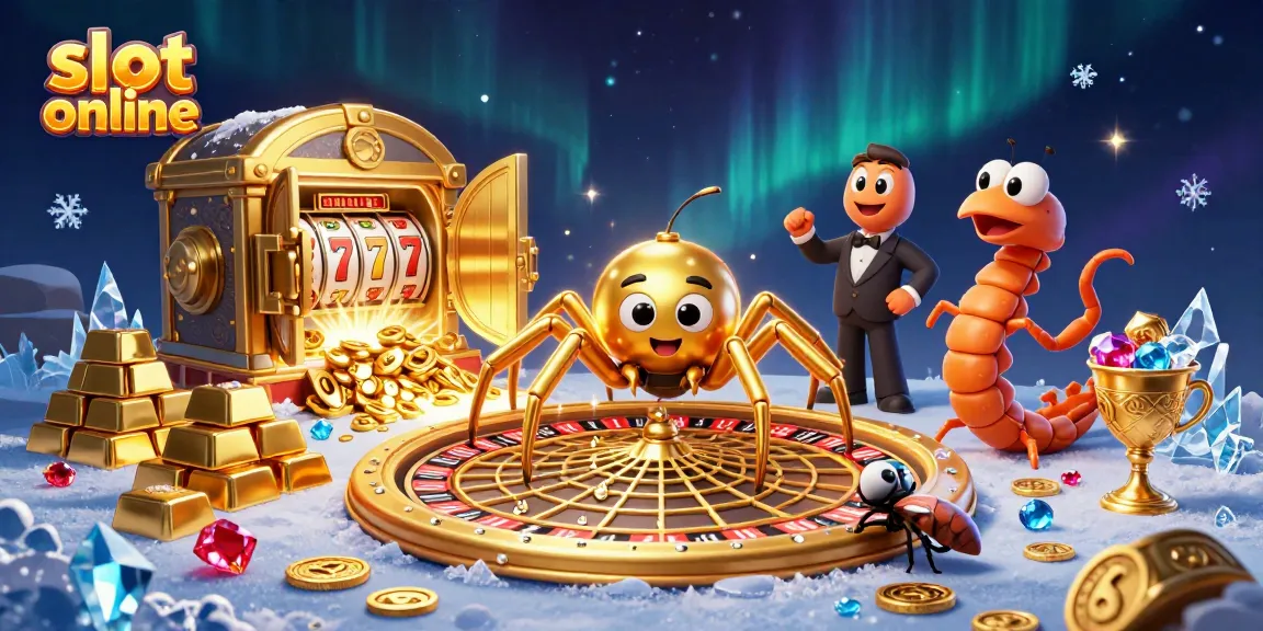 Menangkan slot online dengan desain ilustrasi 3D keren yang menggambarkan laba-laba emas di web roulette.