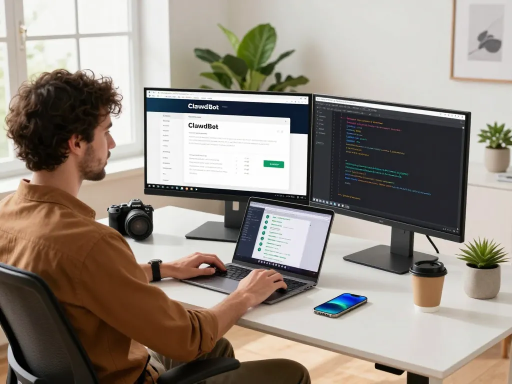 Developer using ClawdBot on dual monitors in a modern home office environment.