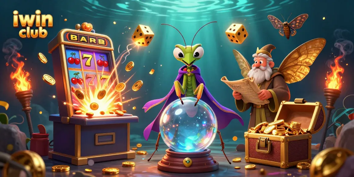 Play thrilling games at iwin club with a mystical scene featuring fortune tellers and slot machines.