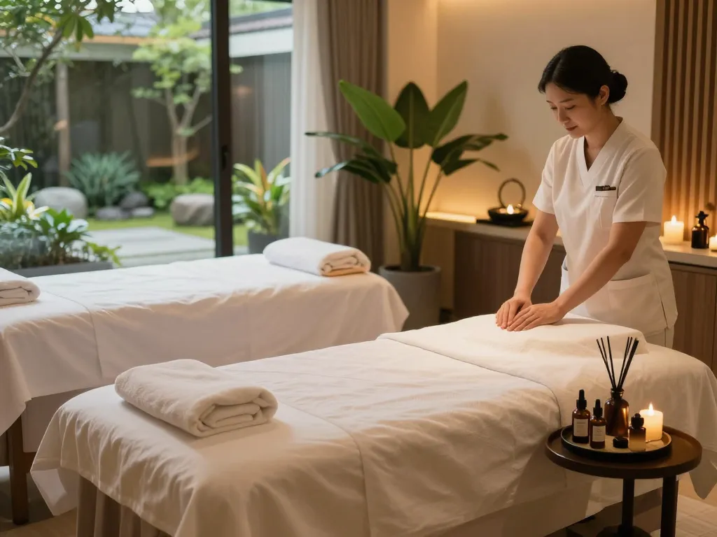 Relaxing wellness spa scene showcasing 오피가이드 massage treatments with calming ambiance and natural elements.