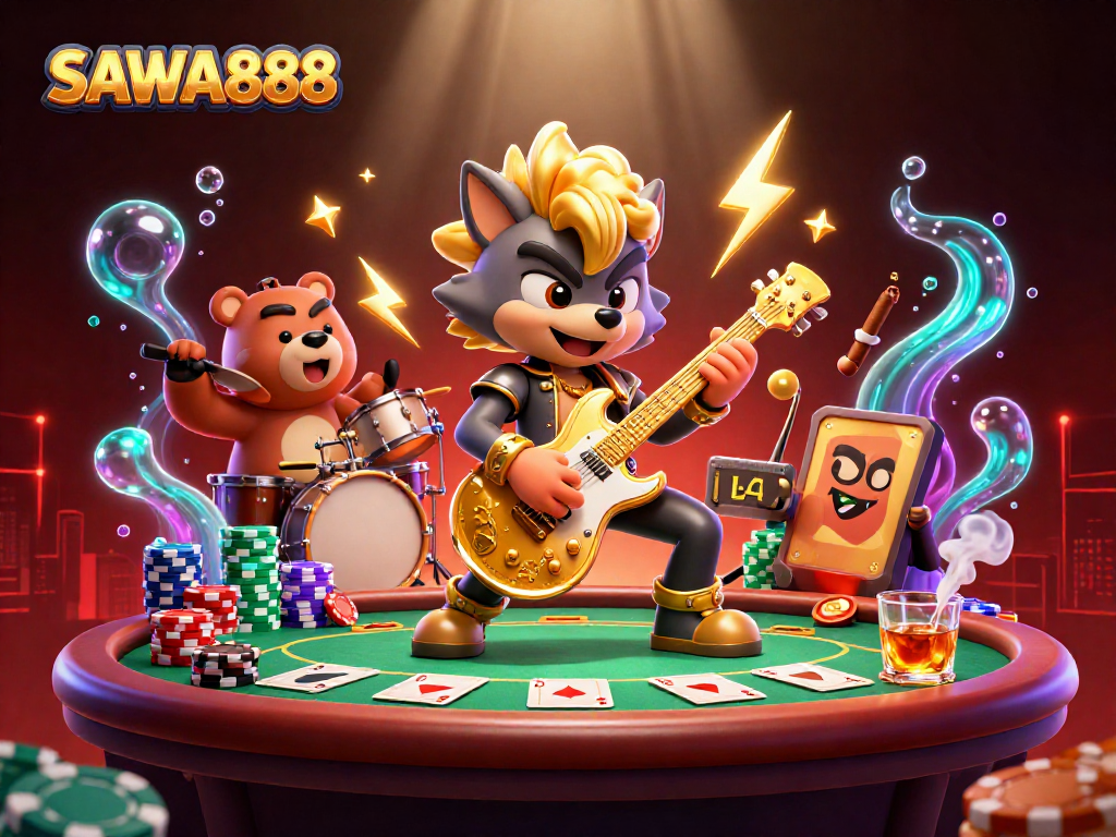 Engage with SAWA888 as a wolf rocker and bear drummer ignite the casino stage with vibrant gaming elements.