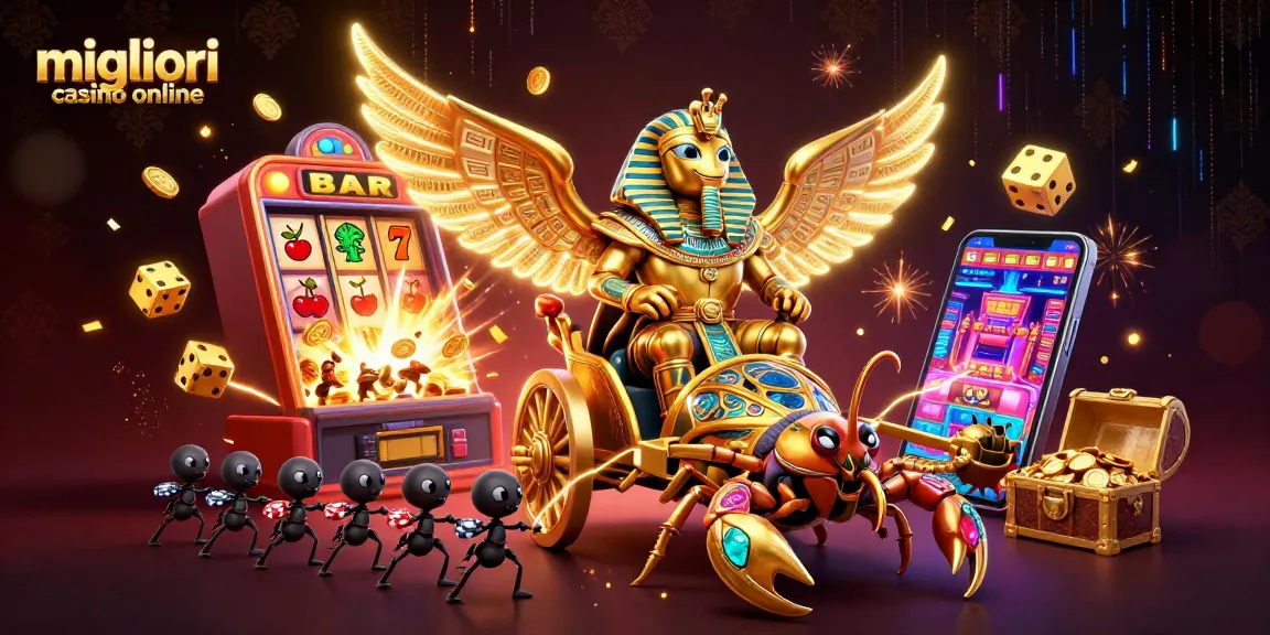 I migliori casino online mostrano simboli vincenti e slot scintillanti con un fondale vivace.