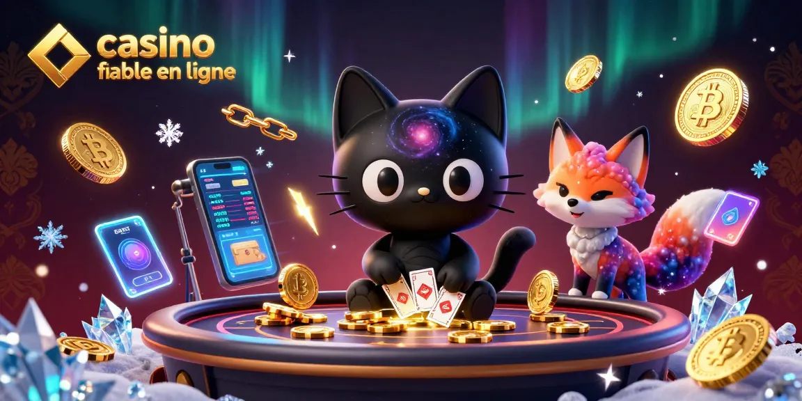 Casino fiable en ligne avec un chat noir cosmique et un renard nébuleux attirant des jetons dorés et des cartes