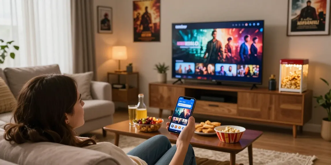 Pikashow app displayed on smartphone in a cozy home entertainment setup with snacks and soft lighting