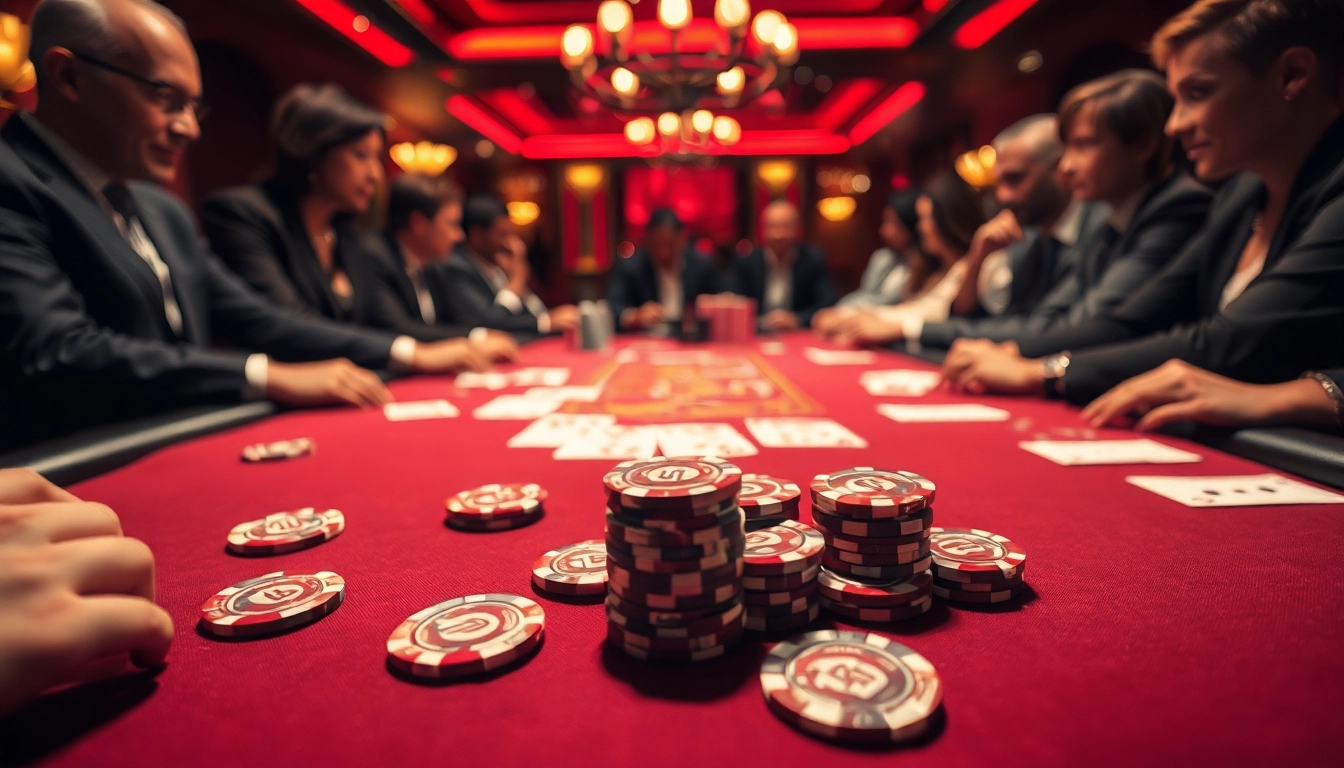 Menggambarkan permainan poker di kasino dengan keseruan ondel4d, menampilkan kartu dan chip mewah.