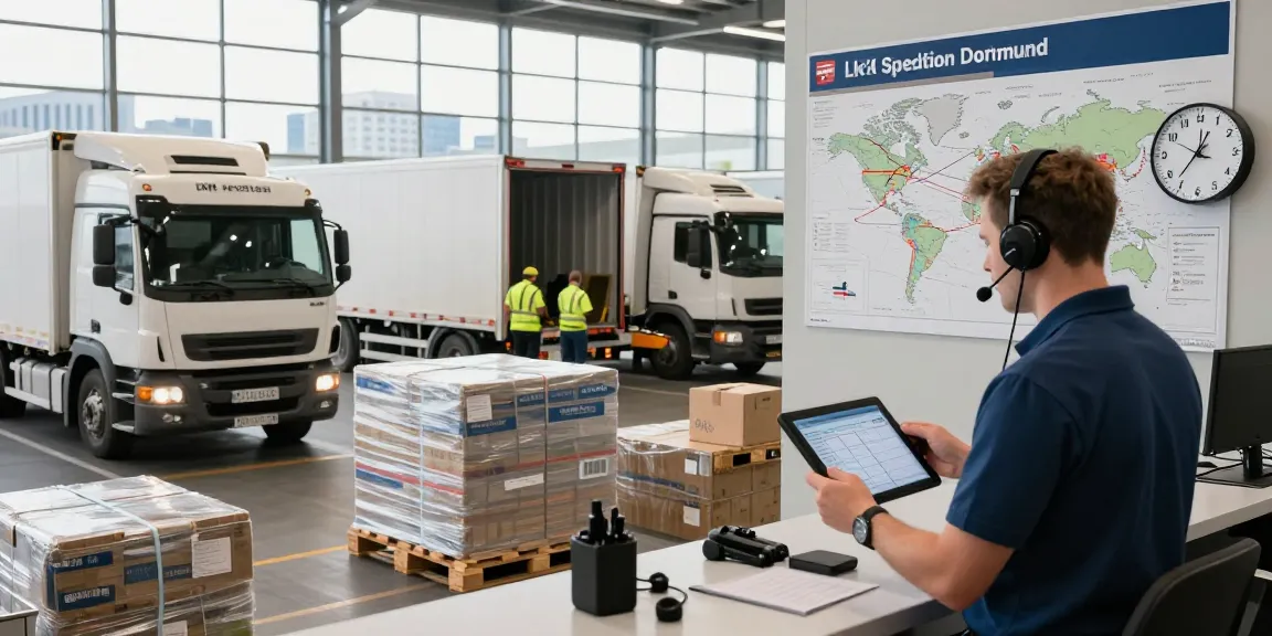 LKW Spedition Dortmund: Logistikszene mit Lkw, Disponenten und internationalen Transportrouten.