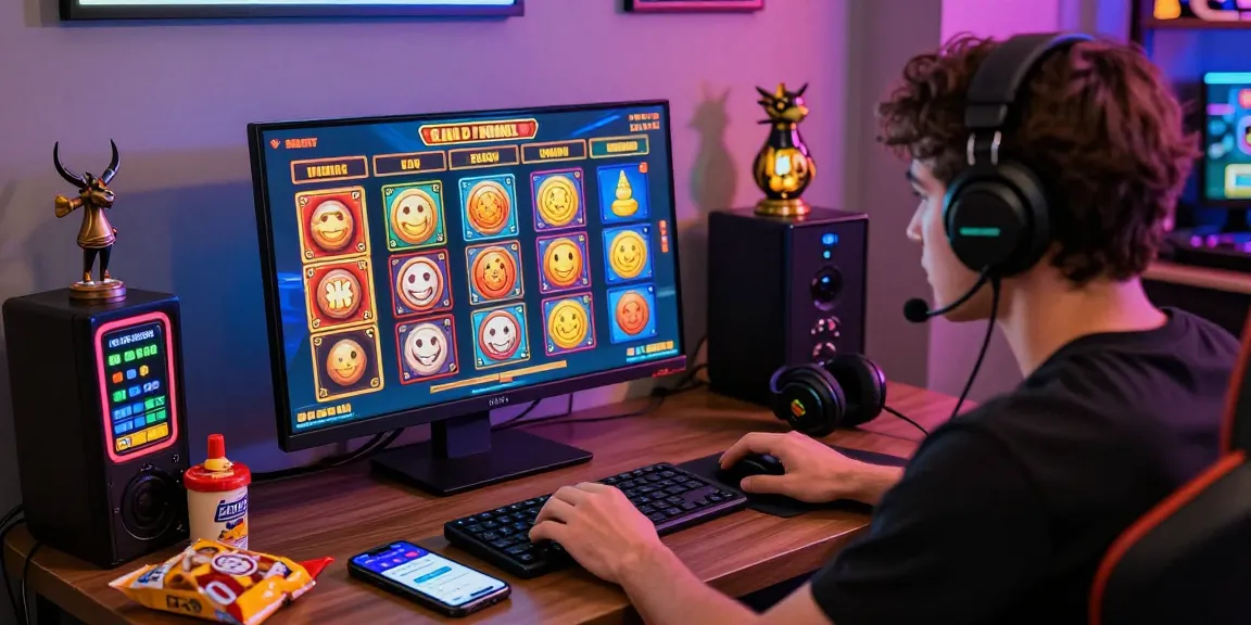 Player enjoying online slots with slot deposit 5000 interface, gaming setup, and vibrant atmosphere.
