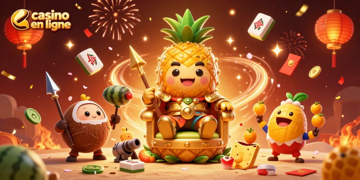 Visuel vibrant avec casino en ligne, le roi ananas entouré de gardes de noix de coco et d'un bouffon de mangue.