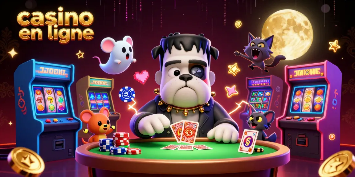Le bulldog Frankenstein au casino en ligne distribue des cartes entouré d'éléments ludiques.
